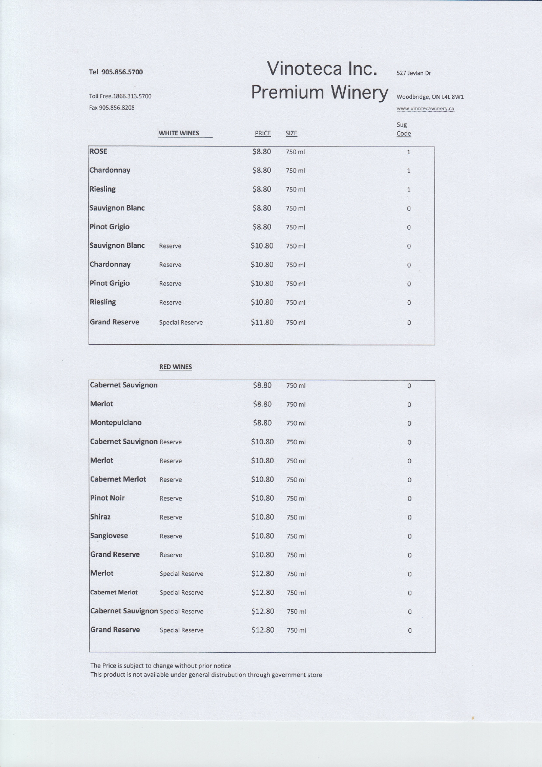 BOTTLE PRICE LIST - Premium Wine, Bulk Wine & Custom Labels