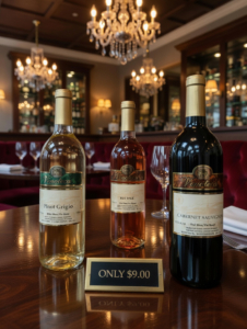 Three wine bottles on elegant restaurant table.