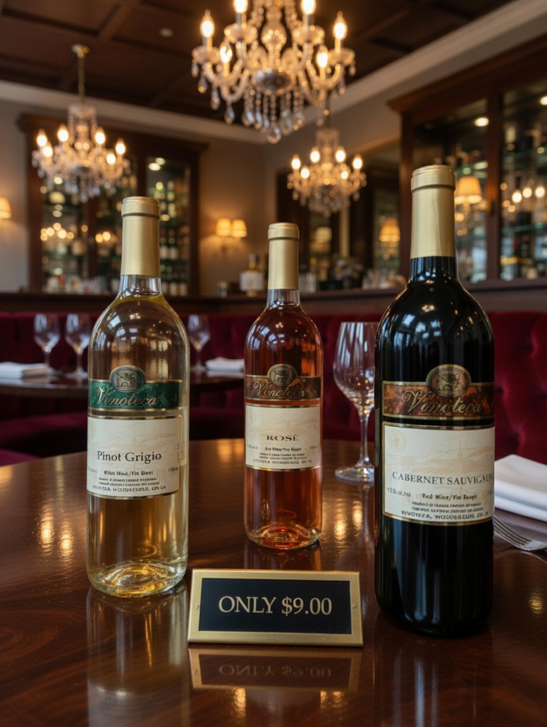 Three wine bottles on elegant restaurant table.